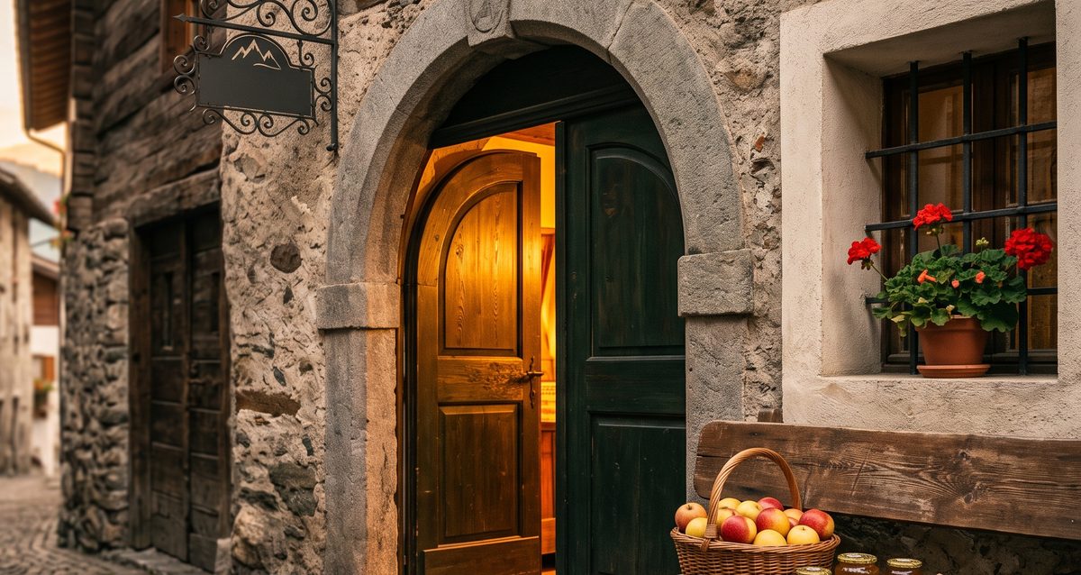 Portale in pietra di un paese alpino con porta verde aperta e luce calda, panca con prodotti locali