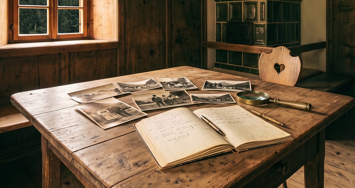 Fotografie d'epoca e quaderno su un tavolo di stua alpina