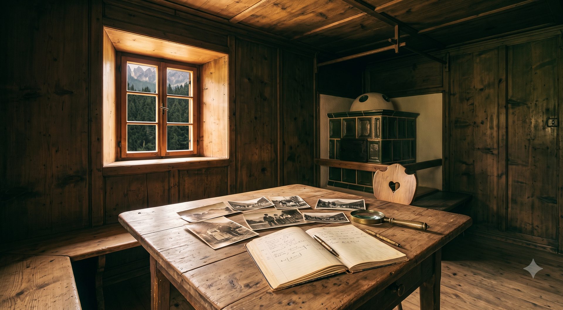 Tavolo di una stua alpina con fotografie d'epoca, quaderno e lente d'ingrandimento